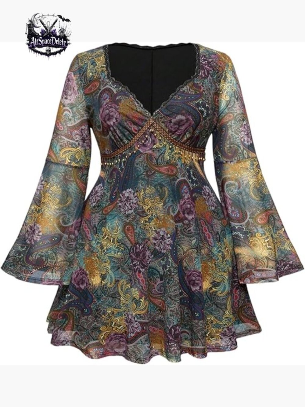 Plus Size Boho Mini Dress Long Sleeve V Neck Mesh Bell Sleeve